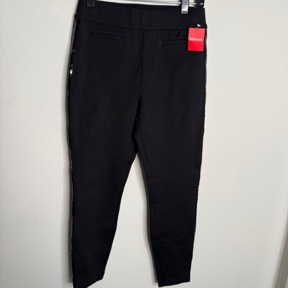 SPANX NWT $148‎ Women's Black Ponte Sequin Trim Pull On Skinny Pants S Small - Picture 2 of 8